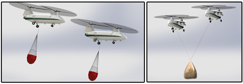 Image #1:  One operator can control multiple UAVs for simultaneous missions. Image #2: Optional, additional intelligence adds cooperative lift for larger loads.  DP-14 Hawk is depicted carrying camelback loads and sling load.