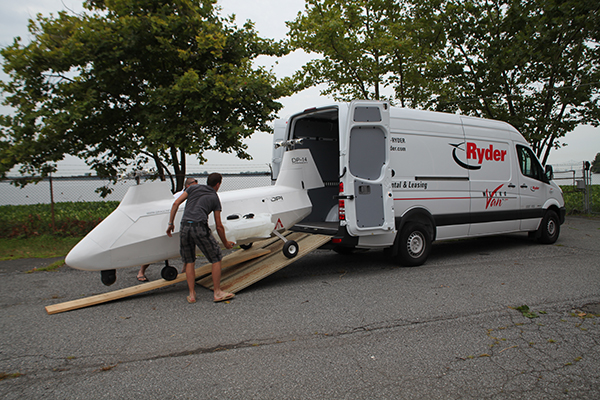 The DP-14 Hawk is designed to fit in a standard utility trailer or Sprinter* van.  The rotors can be removed and/or installed in about 5 minutes for transport.