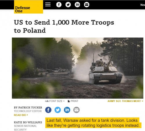 美媒：美拟向波兰增派约1000美军，及“死神”无人机编队 